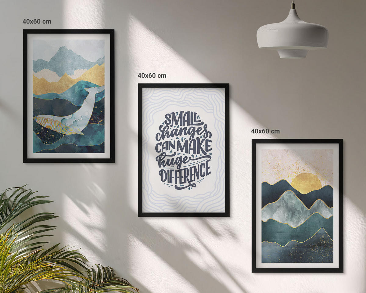 BILDER SET 3er Set - 40x60 cm Schwarzer Rahmen - Abstrakte Berginspiration - Schwarz, Kunststoff (40/60cm) - TULUP