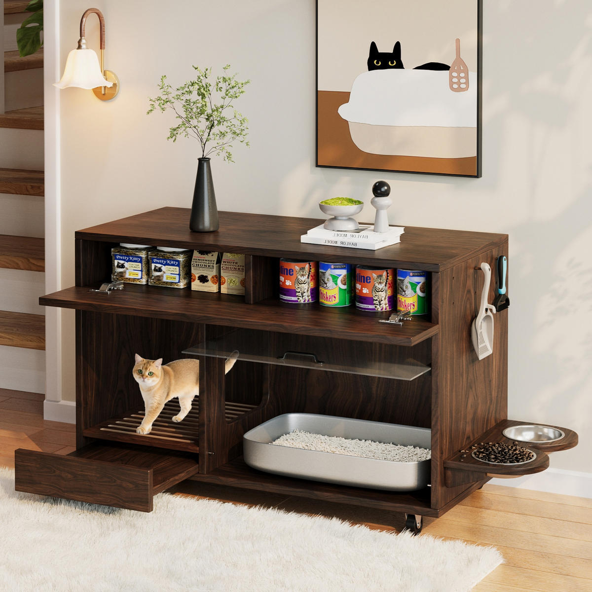 SIDEBOARD Nussbaumfarben aus MDF 100×45,5×67cm als Katzenkloschrank mit Sandablassschale und Futterschalen - Nussbaumfarben, Holzwerkstoff (45.5/67/100cm) - Luhomfu