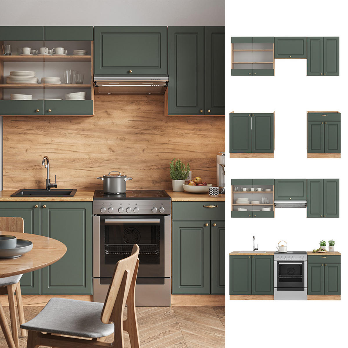 KÜCHENZEILE Fame-Line Grün-Gold Landhaus/Goldkraft Eiche 200 cm AP Anthrazit - Eiche Wotan/Grün, Holzwerkstoff (200/81.6/60cm) - Vicco