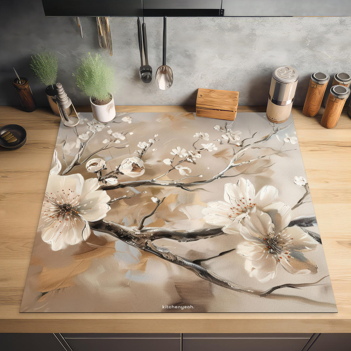 HERDABDECKPLATTE Blumen - Abstrakt - Gemalt - Beige 78x78 cm - Kaschmir, Kunststoff (78/0.2/78cm) - MuchoWow