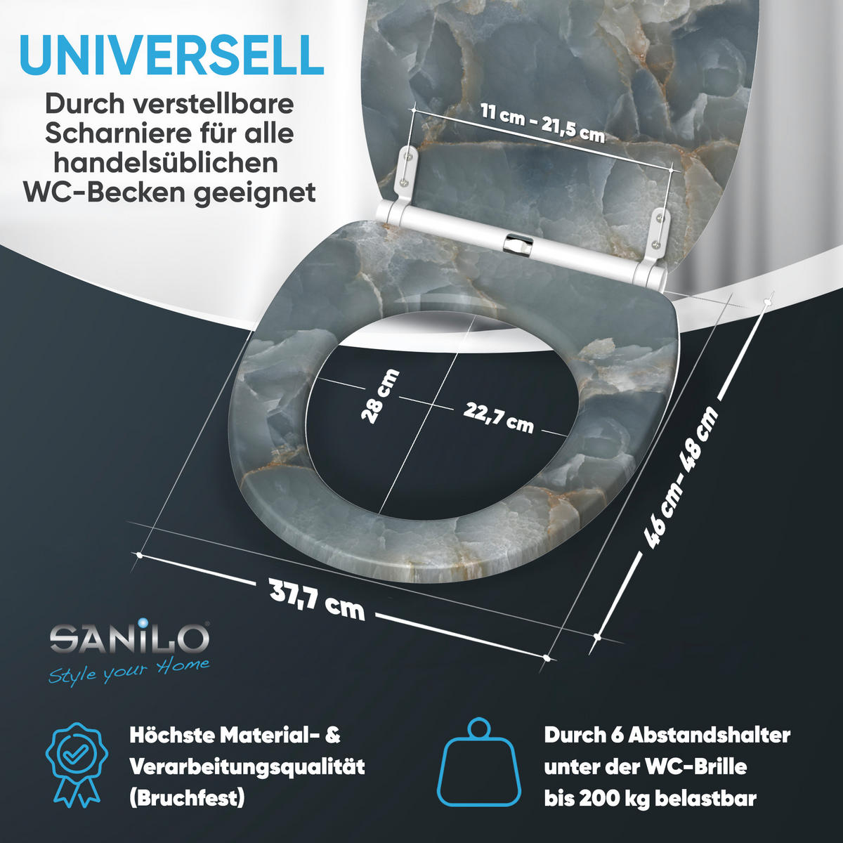 WC-SITZ mit Absenkautomatik & Top Fix Marmor Italia - Grau, Holzwerkstoff (37.7/5.5/48cm) - Sanilo