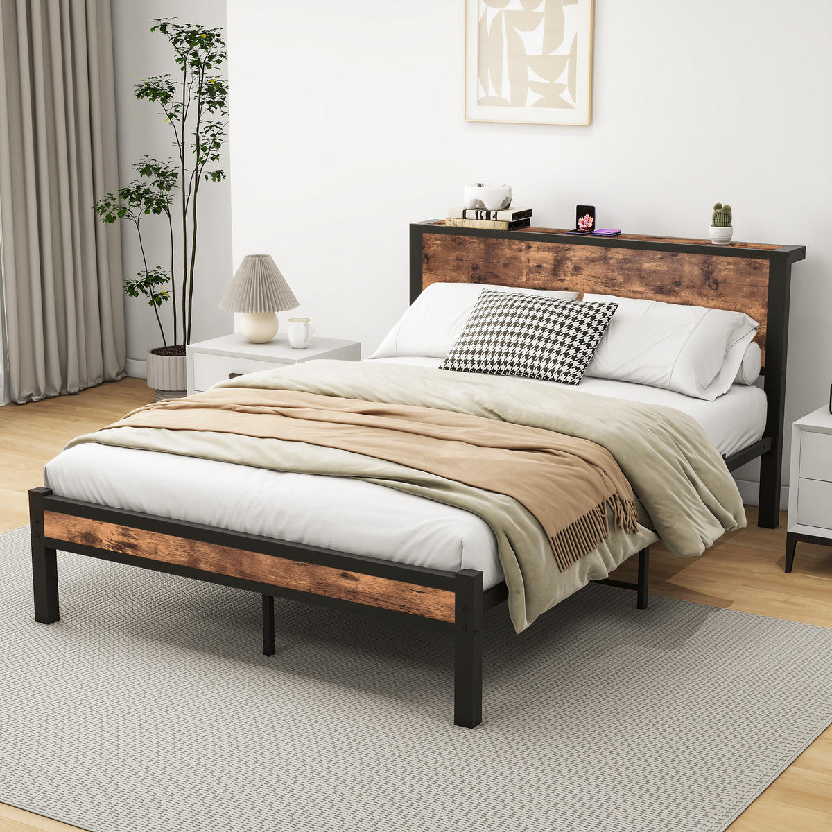 METALLBETT 140x200 cm Stauraum Kopfteil braun - Dunkelbraun, Holzwerkstoff (140/200cm) - LEBENLANG