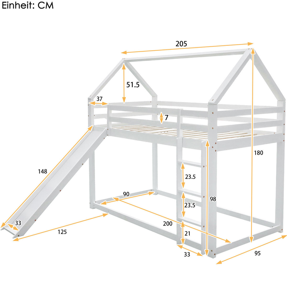 ETAGENBETT in Hausform aus Kiefernholz 90x200 cm Weiß mit Rutsche und Leiter - Weiß, Holzwerkstoff (90/200cm) - IVMEU