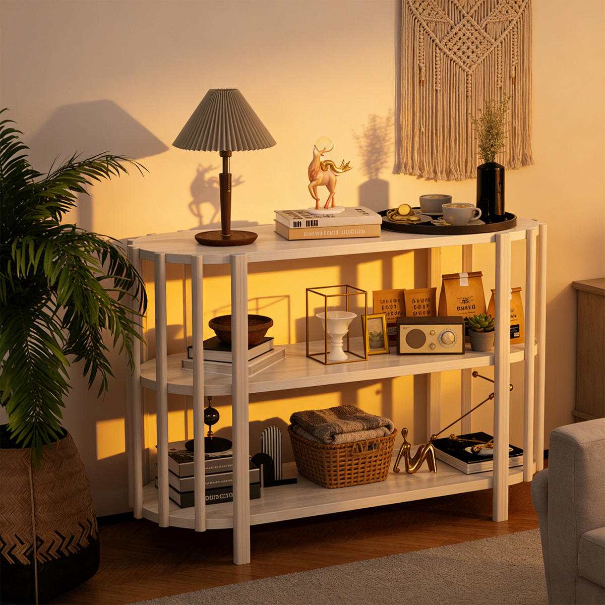 OVALER Couchtisch mit 3 Ablagen – Wohnzimmertisch in Holzoptik, MDF, 114 × 38 × 75 cm, Weiß - Weiß, Holzwerkstoff (114/38/75cm) - Ej. Life