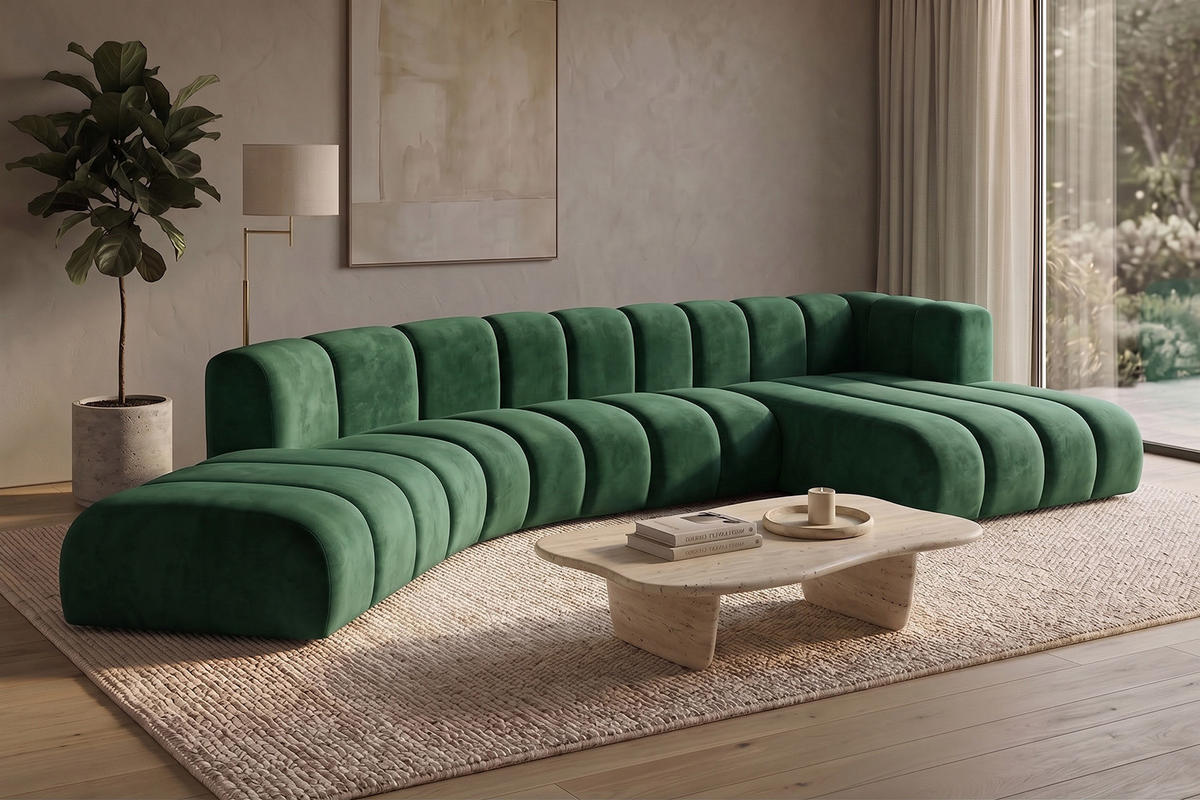 ECKSOFA Modulares In L-Form, Velvet-Stoff Riviera, Grün, Rechts, GRAND Round - Grün, Holz (445/179cm) - Kaiser Möbel