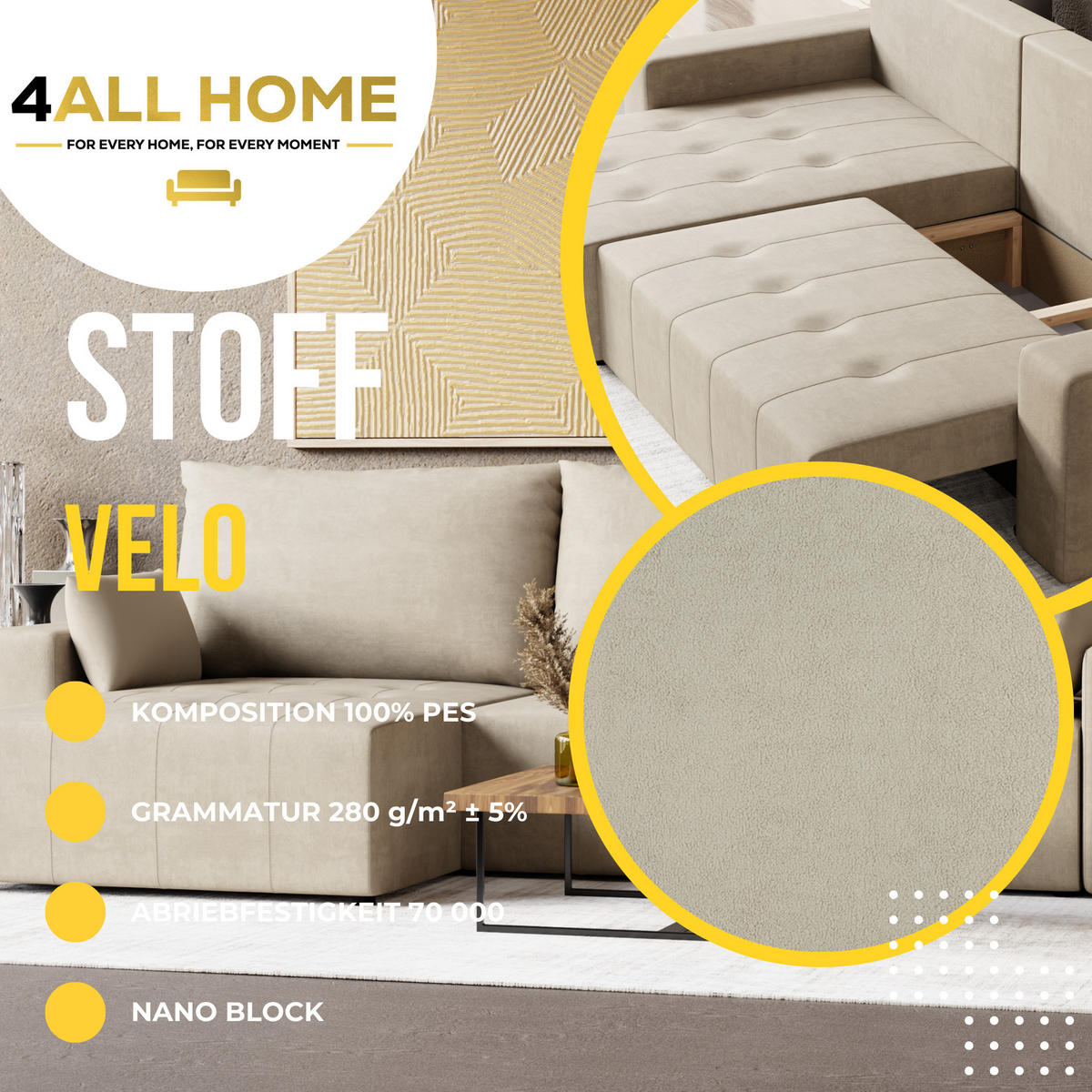 ECKSOFA Tico mit Bettkasten und Schlaffunktion, L-Form/XL-Form, Velourstoff, Universal - Beige, Holzwerkstoff (276/145cm) - 4ALL HOME