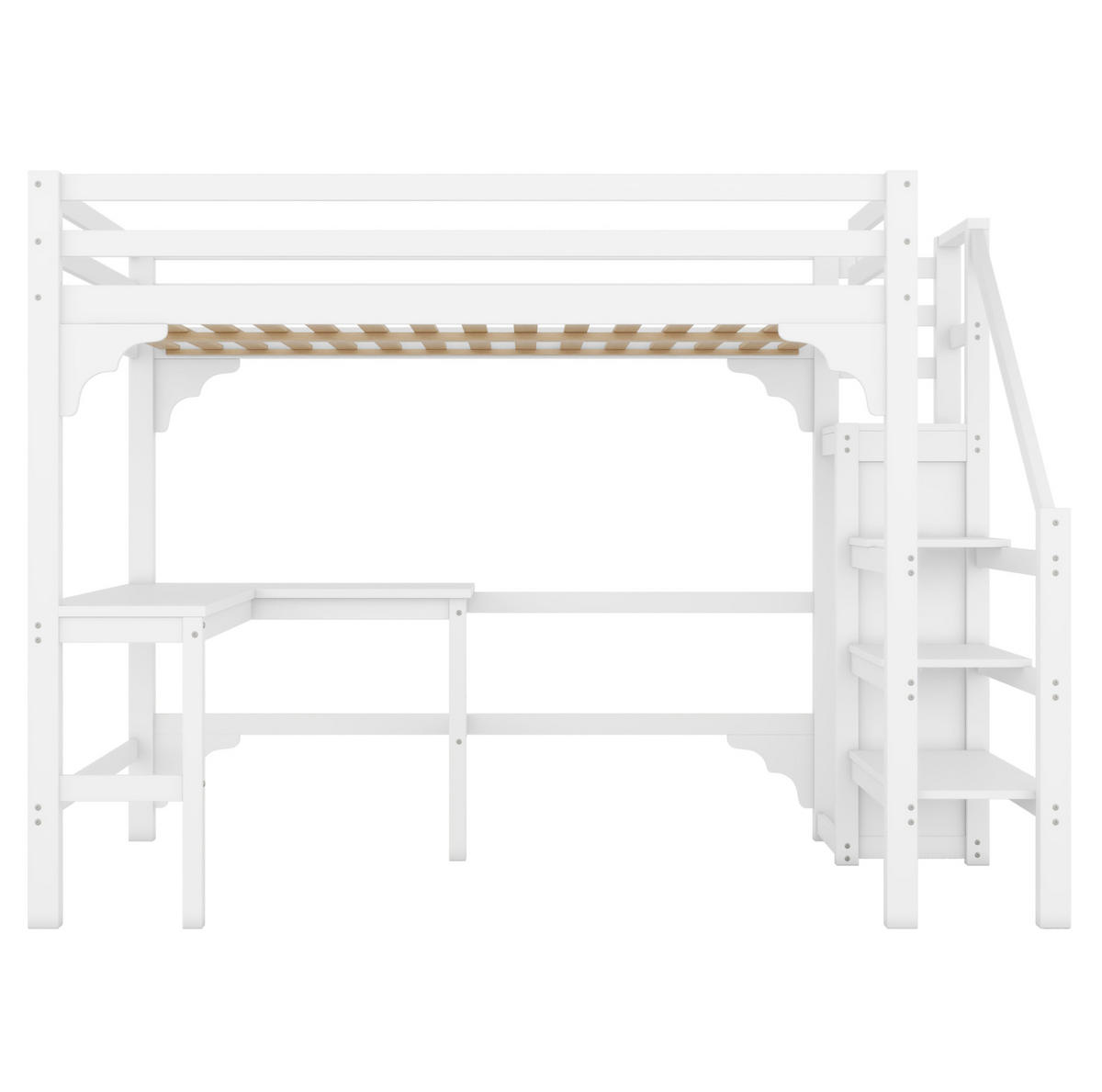 HOCHBETT 140/200 cm mit L-förmigem Schreibtisch aus Kiefernholz in Weiß mit Matratze - Weiß, Holzwerkstoff (140/200cm) - OKWISH