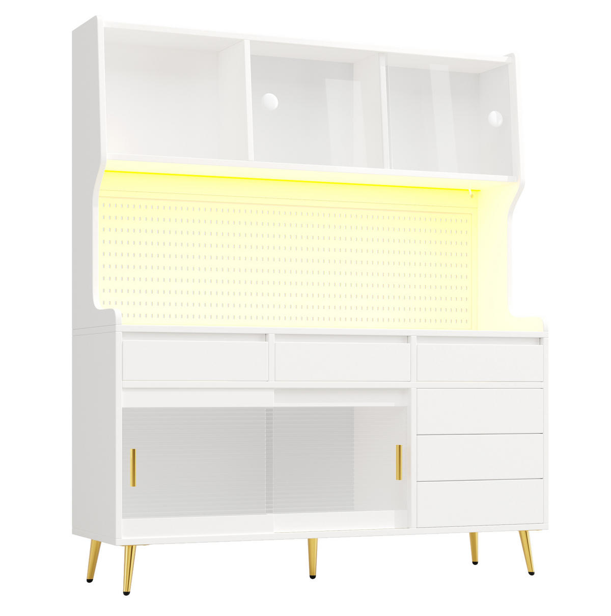 BUFFETSCHRANK 145/39/171 cm mit LED-Beleuchtung, App-Steuerung und Schiebetüren aus MDF und Glas, Weiß - Weiß, Holzwerkstoff (145/171/39cm) - Redom