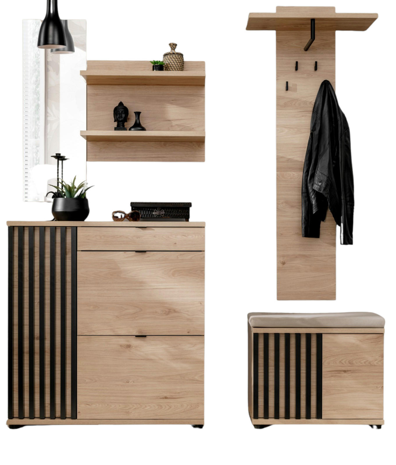 GARDEROBE Set Eiche Jackson, schwarz 170 cm, Garderobenkombination mit 3D-Lamellen - Eichefarben/Schwarz, Holzwerkstoff/Kunststoff (160/202/35cm) - Furn.Design