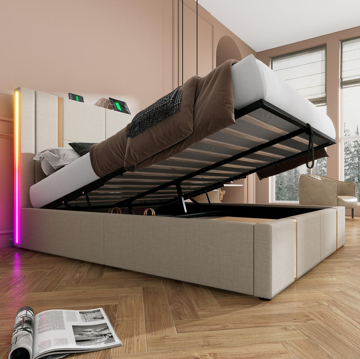 POLSTERBETT mit Stauraum, LED & USB/Typ-C 160x200 cm Beige - Beige, Metall (160/200cm) - Meubliv