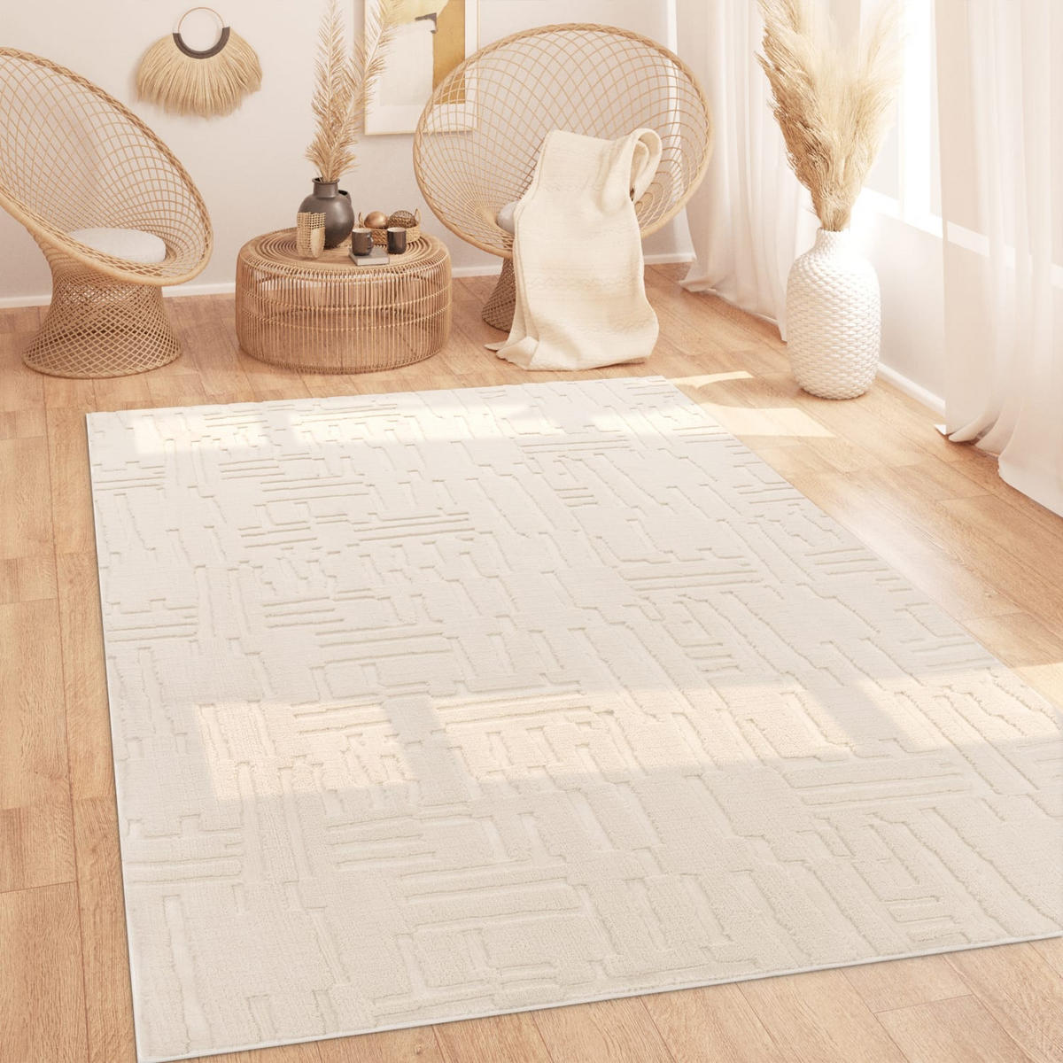 KURZFLORTEPPICH, mit Struktur, aus Polyester, Florhöhe 12 mm, Creme, 120 x 160 cm - Beige, Textil (120/160cm) - KADIMA DESIGN