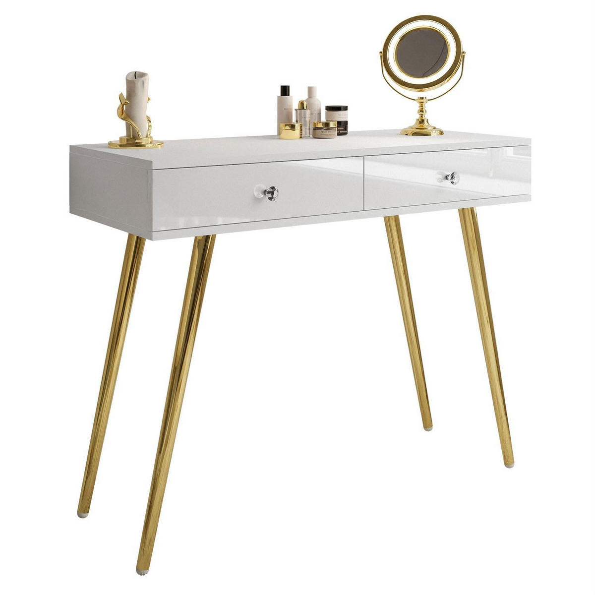 KONSOLE SIENNA GOLD mit Schubladen auf goldenen Beinen - Weiß Hochglanz/Goldfarben, Holzwerkstoff (100/81/42cm)