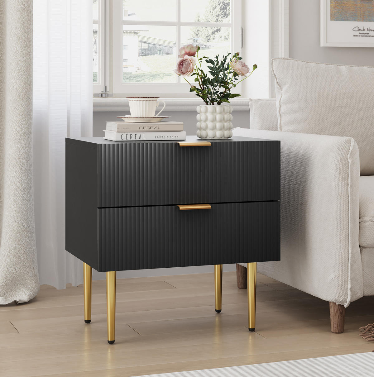 ESSTISCH 53/41,5 cm Schwarz aus MDF und Metall mit 2 Schubladen - Schwarz, Holzwerkstoff (41.5/53/52.5cm) - OKMYHOME