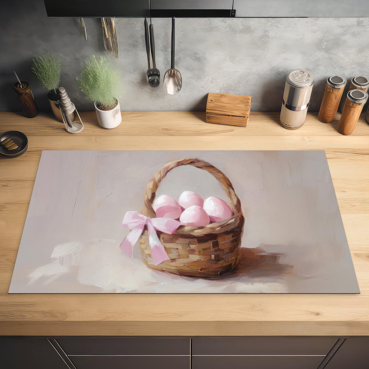 HERDABDECKPLATTE Korb - Eier - Rosa Ceranfeldabdeckung 90x52 cm - Beige, Kunststoff (90/52/0.2cm) - MuchoWow