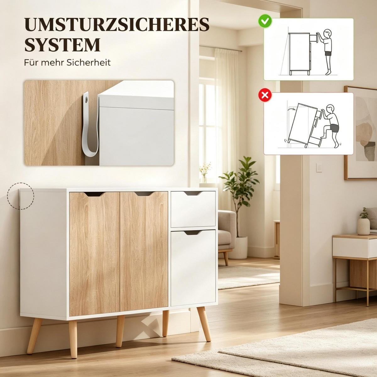 SIDEBOARD in Weiß und heller Eiche 90x30x72 cm mit 3 Türen und Schublade - Weiß, Holzwerkstoff (30/72/90cm) - IVMEU