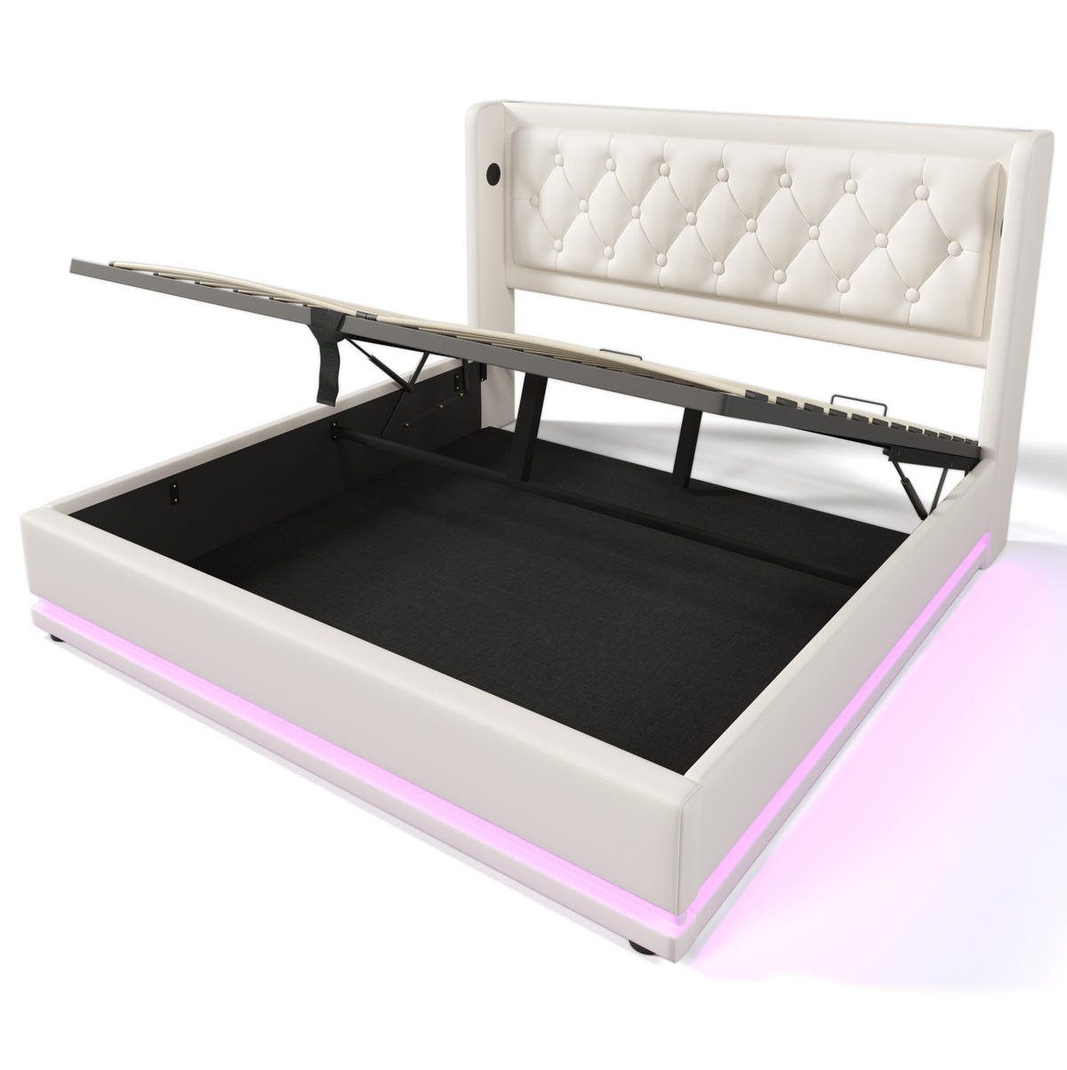 ČALÚNENÁ posteľ 190/210/101 cm, biela PU, s USB-C, LED a úložným priestorom - biela, plast (180/200cm) - BEAOK