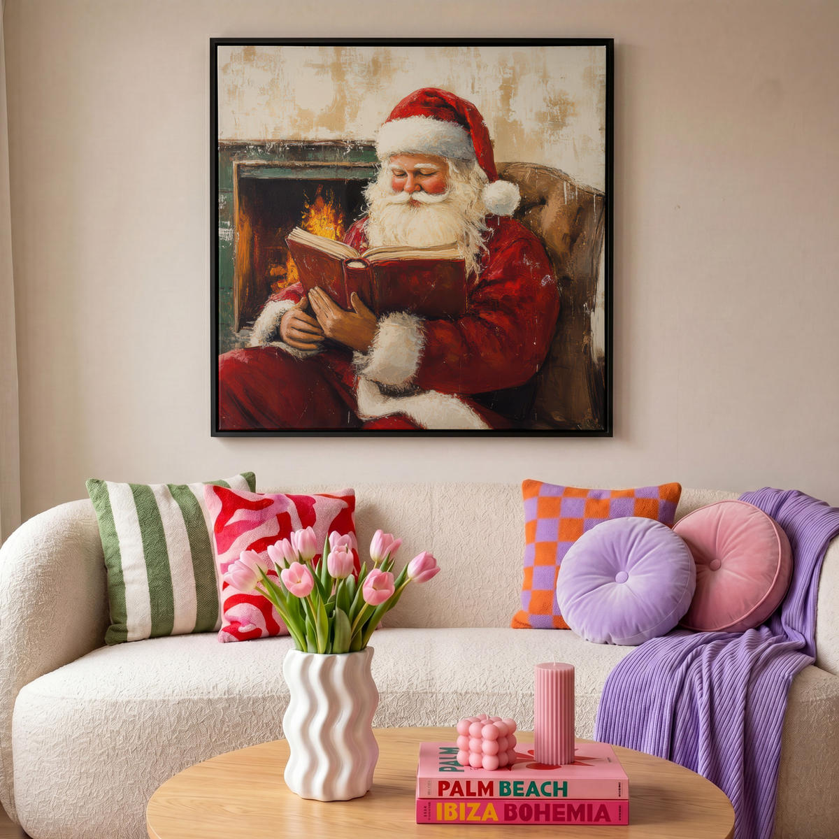 LEINWAND Bilder mit Rahmen - Weihnachten - Weihnachtsmann - Winter - Open Fireside - 90x90 - Dunkelrot, Textil (90/90cm) - MuchoWow