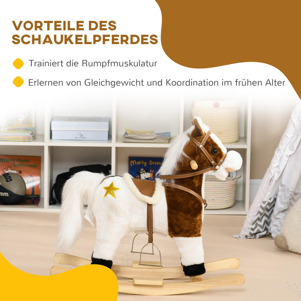KINDER SCHAUKELTIER, Braun, Pappelholz+ Plüsch (100% Polyester) - Braun, Holz (26/62/68cm) - HOMCOM