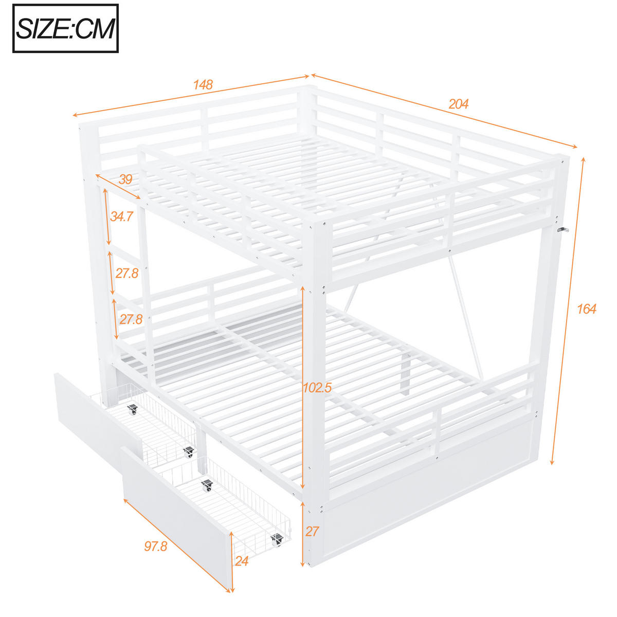 ETAGENBETT 90/200 cm & 140/200 cm in Weiß mit 2 Schubladen und Sicherheitsgeländer - Weiß, Holzwerkstoff/Metall (140/200cm) - STILVORA