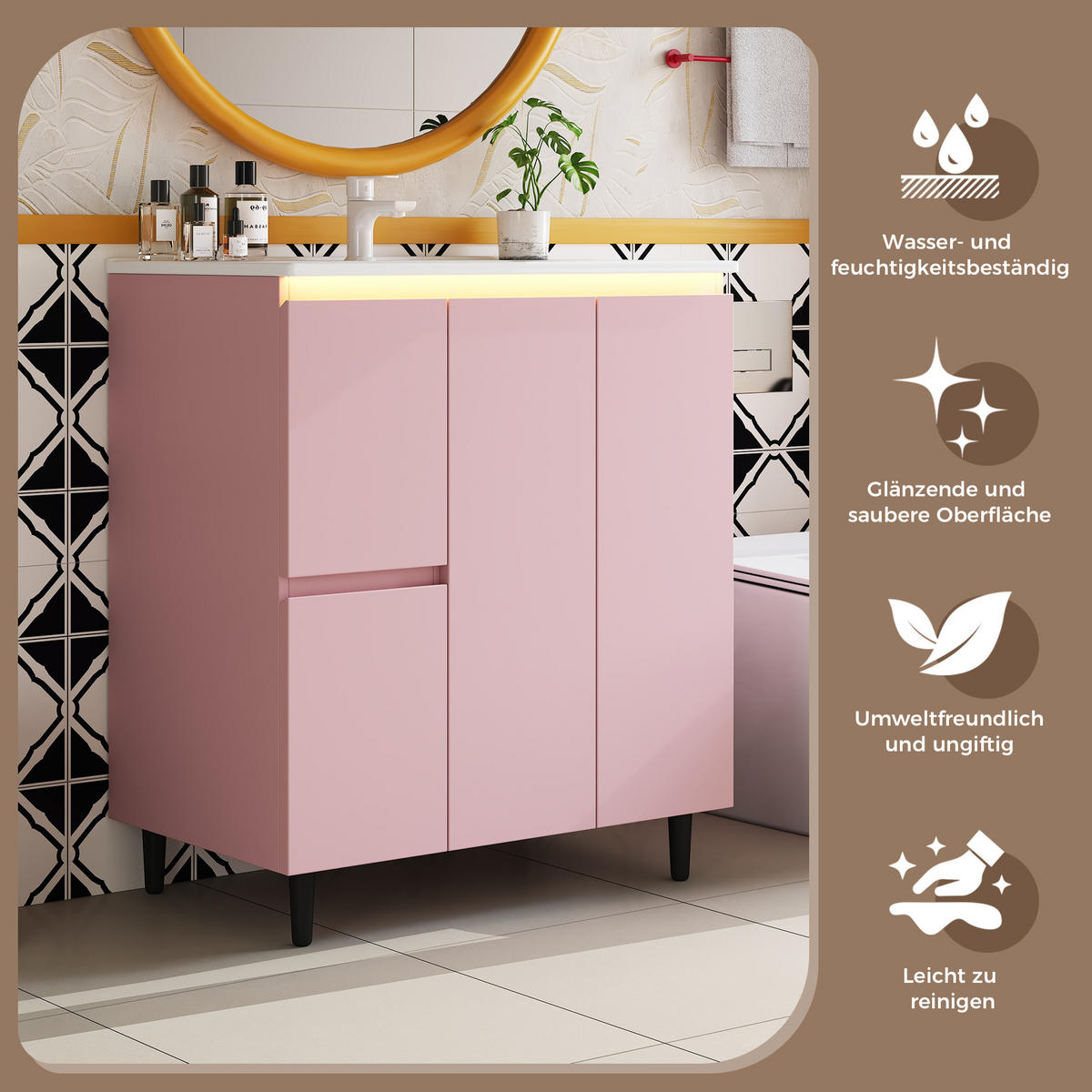 WASCHTISCHUNTERSCHRANK Rosa mit LED-Sensorlicht - Pink, Holzwerkstoff (76/89/47cm) - Urban Meuble