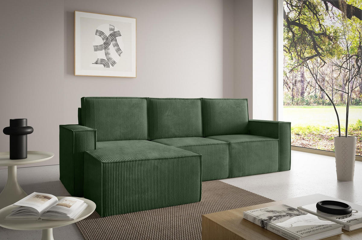 ECKSOFA Orto Grün, Dreisitzer Kordecksofa linke seite - Grün, Holzwerkstoff/Textil (180/142cm) - Bettso