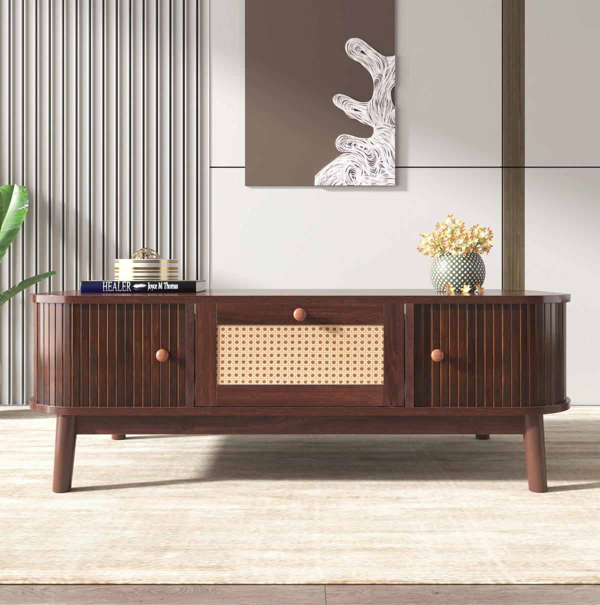 COUCHTISCH aus MDF 110x55x38,5 cm Naturfarben mit Schubladen, Türen und Rattan-Details - Naturfarben, Holzwerkstoff (110/55/38.5cm) - IVMEU