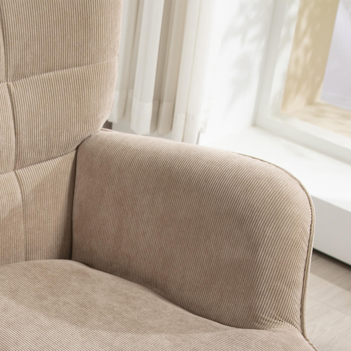AKZENTSESSEL DE-07506 mit Hocker, Cord-Optik und Holzbeinen Hellbraun - Taupe, Textil (72/101/80cm) - ComfortXL