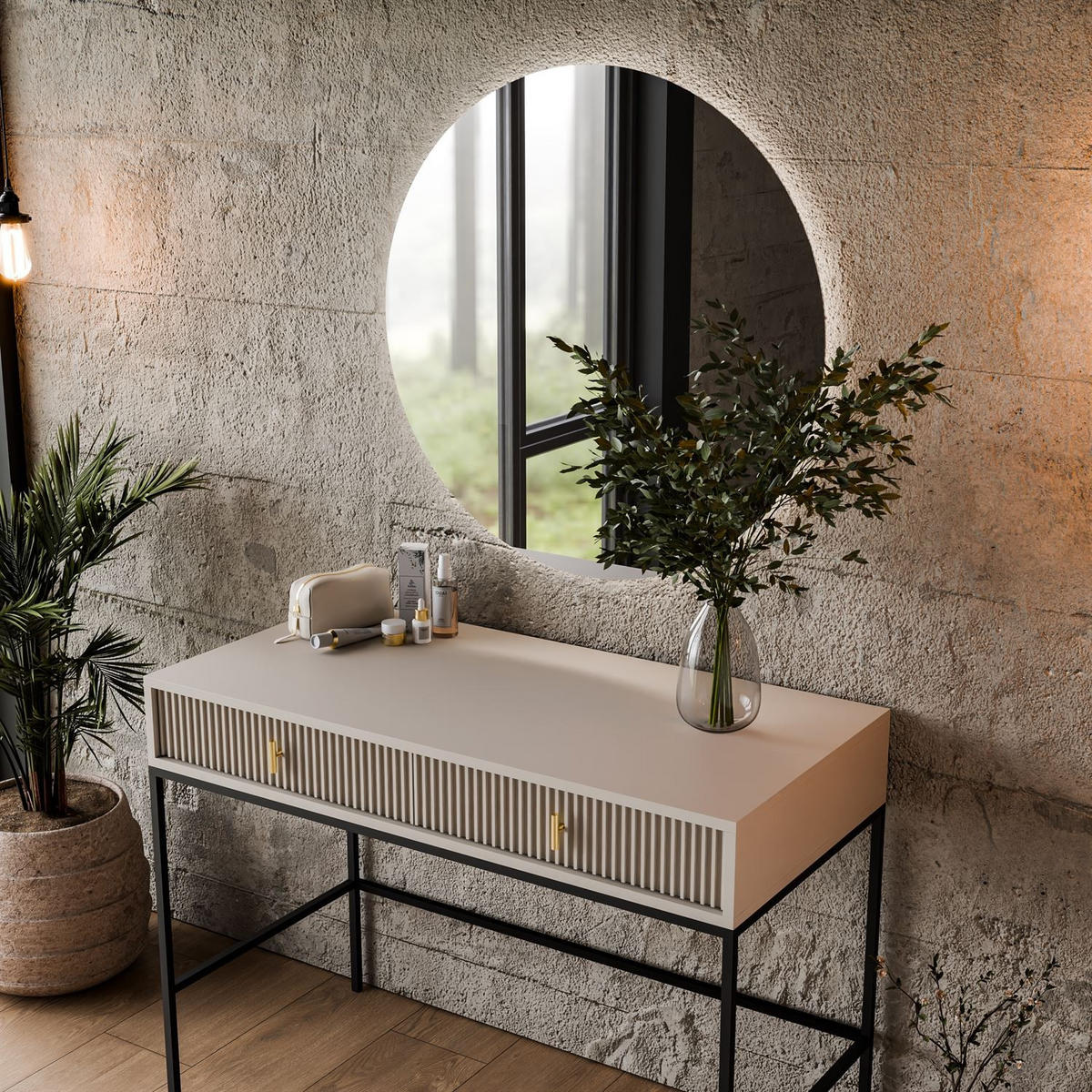 FRISIERTISCH MIDNIGHT auf Gestell mit Spiegel und LED-Beleuchtung kaschmir - Kaschmir/Schwarz, Holzwerkstoff (104/77/50cm) - Lookway