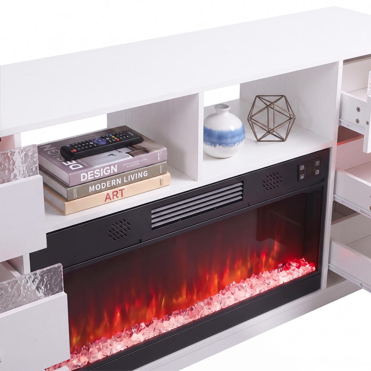 TV-SCHRANK mit Elektrokamin Beleuchtung RGB Lowboard 6 Schubladen Weiβ 180/40/65CM - Weiß, Metall (180/65/40cm) - VANITII