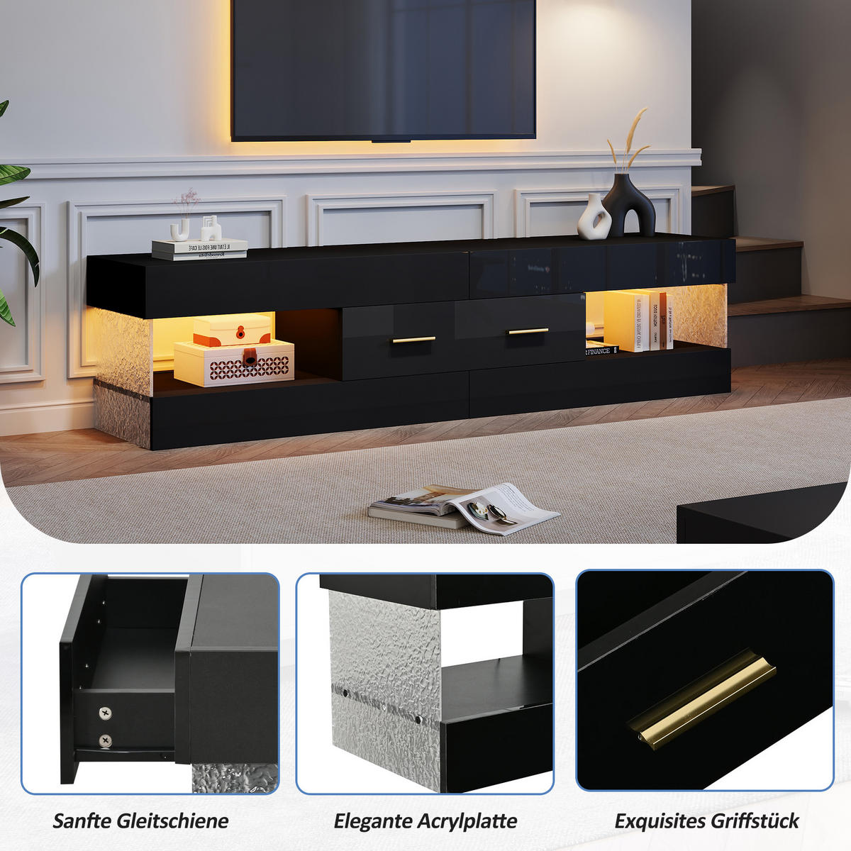 LOWBOARD in Schwarz, TV Schrank mit LED, Offenen Stauraum und Schubladen, 152/35/40cm, für Wohnzimmer - Schwarz, Holzwerkstoff (152/40/35cm) - STILVORA