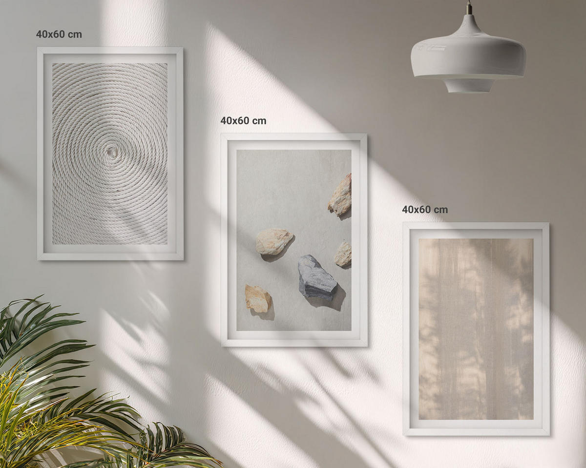WANDBILDER 3er-Set - 40x60 cm Weißer Rahmen - Boho-Naturtexturen und -Strukturen - Weiß, Kunststoff (40/60cm) - ArtPrintCave