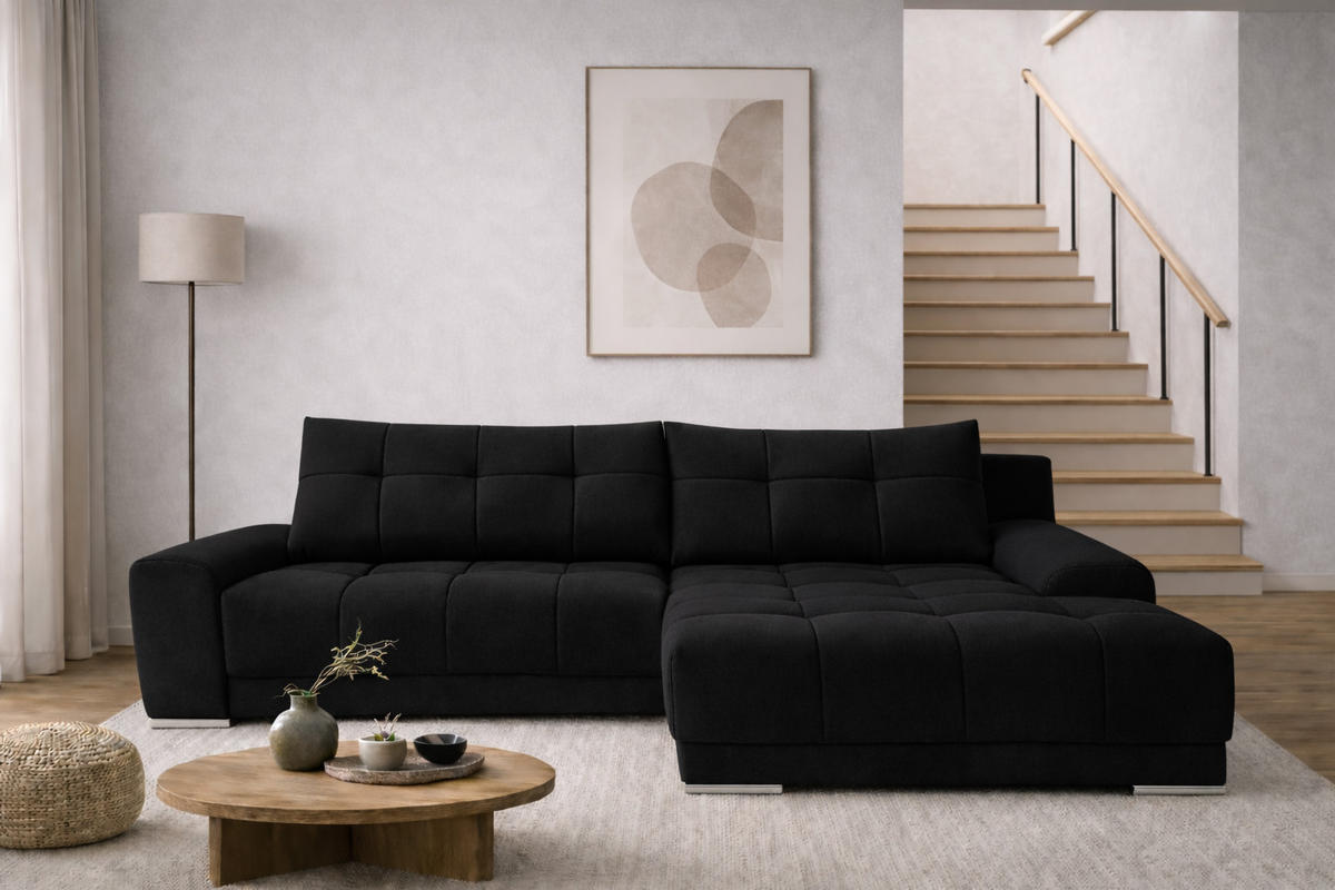 ECKSOFA WAVE Mit Schlaffunktion, Stoff SORO, Schwarz Rechts - Schwarz, Holz (281/105cm) - Kaiser Möbel