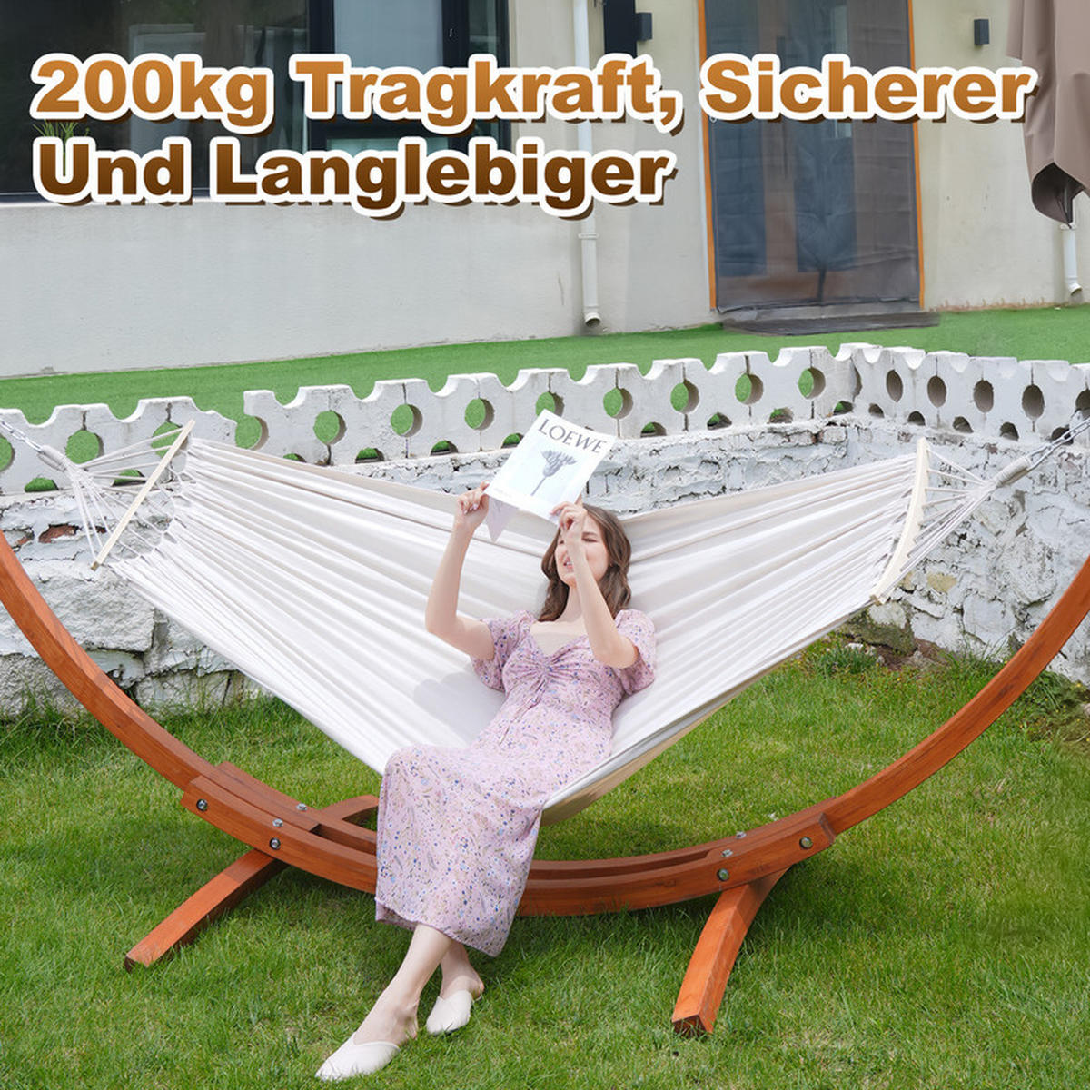 DOPPELHÄNGEMATTE mit Gestell – 200 × 150 cm - Beige, Holz (120/120/118cm) - Auledio