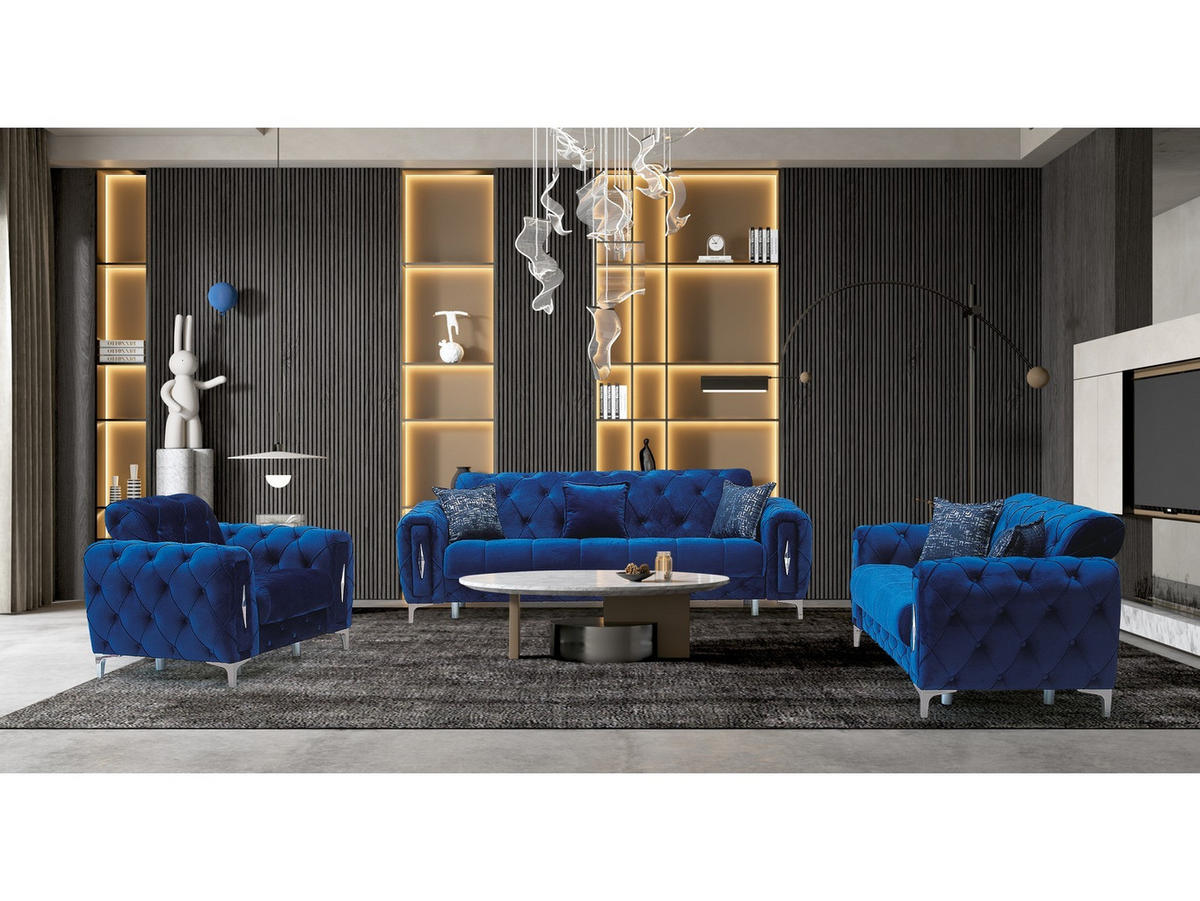 SITZGARNITUR Patna, Blau Stellvariante 3+3+1 - Blau, Holzwerkstoff/Kunststoff (245/80/100cm)