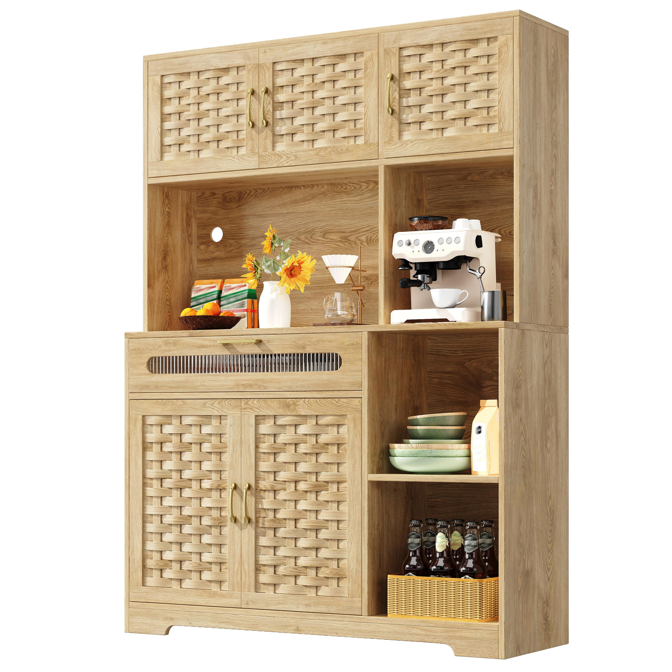 KÜCHENBUFFET mit LED-Beleuchtung, Glaselementen und verstellbaren Einlegeböden, 120 x 40 x 180 cm, Natur, Glas, MDF, Metall - Naturfarben, Holzwerkstoff (120/180/40cm) - SONNENH