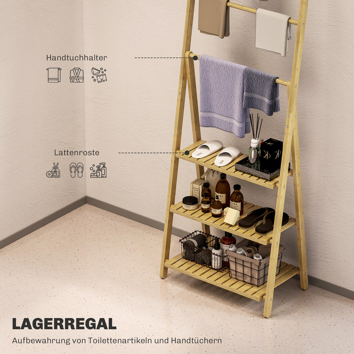 BADREGAL, Badezimmerregal mit 3 Ebenen, Aufbewahrungsregal aus Bambus A-Form - Naturfarben, Holz/Bambusholz (30/153/53.5cm) - HOMCOM