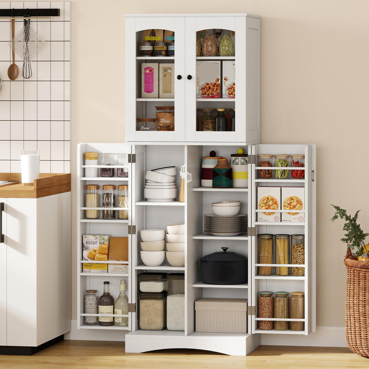 BUFFET DE-11343 Vitrine mit 4 Acryltüren & 8 Gewürzregalen Weiß - Weiß, Holzwerkstoff (40/162/60cm) - ComfortXL