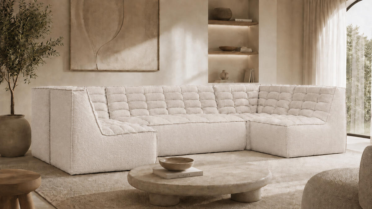 ROHOVÁ SEDAČKA modulární ve tvaru U, plyšová tkanina Pop, Béžová, LAZY U - béžová, dřevo (346/76/173cm) - Kaiser Möbel