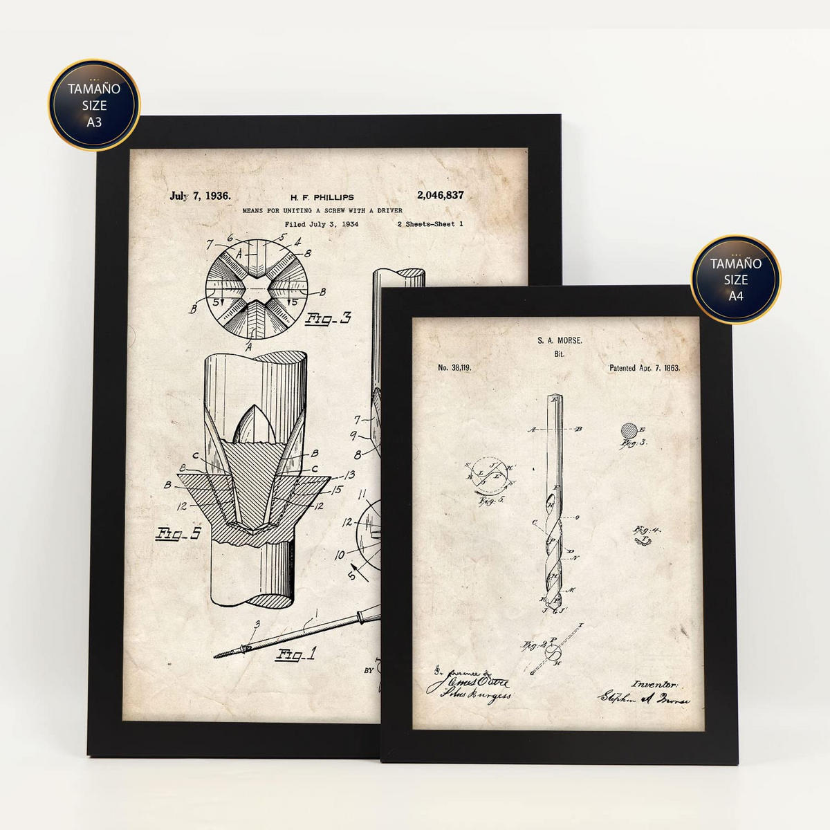 POSTER Set Mit 6 Plakaten Mit Bauwerkzeuge 1 Patenten Im Vintage Stil A3 & A4 Schwarzer Rahmen - Schwarz, Papier (29/3cm) - Nacnic