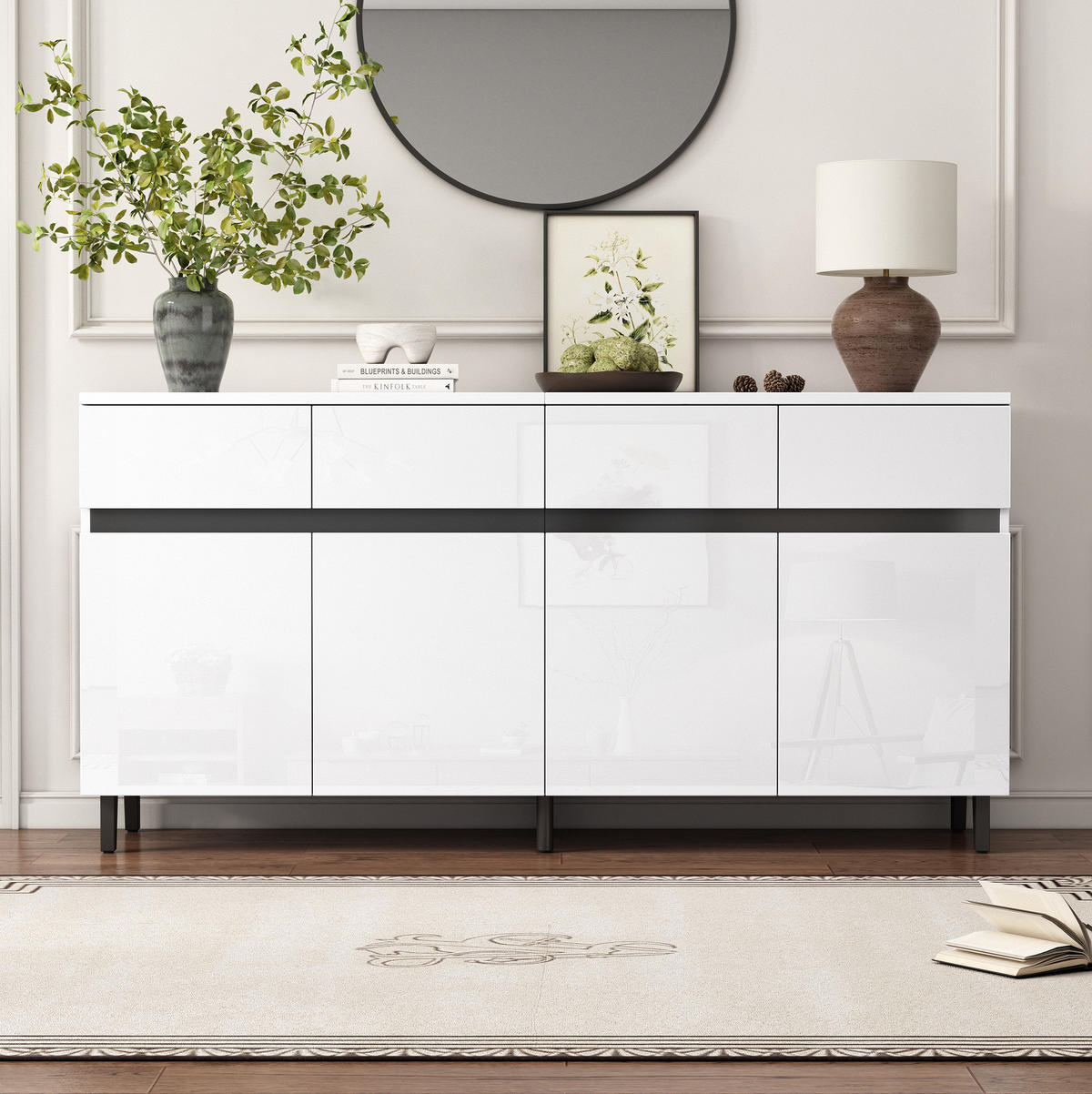 SIDEBOARD z dřevotřísky, 160/40/68 cm, bílý s lesklými čely a nastavitelnými policemi - bílá, kompozitní dřevo (160/68/40cm) - Modenvie