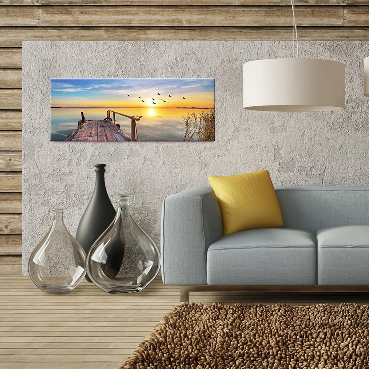 GLASBILD 80x30 cm Steg Sonnenuntergang - Gelb, Glas (80/30cm) - artissimo