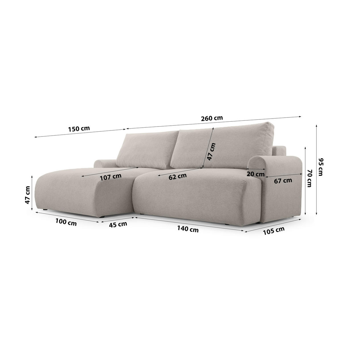 ECKSOFA mit Schlaffunktion Bordon, Beige - Beige, Textil (150/260cm) - Fedve