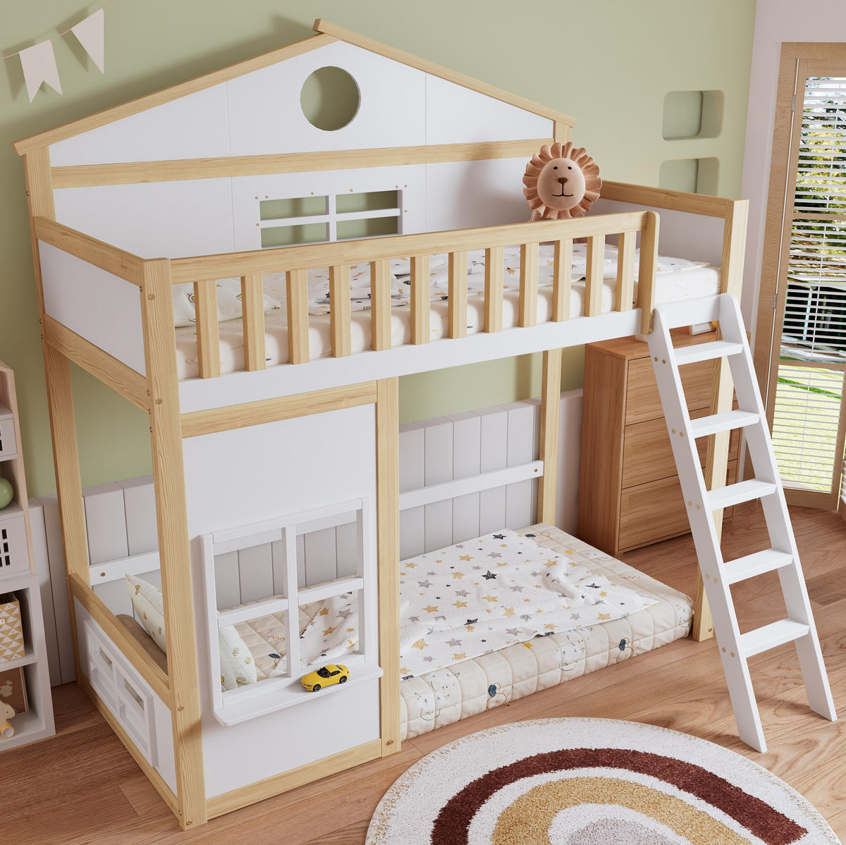 ETAGENBETT aus Kiefer und MDF 90x200 cm Weiß/Natur mit Treppe, Fallschutz und Hausdesign - Weiß, Holzwerkstoff (90/200cm) - IVMEU