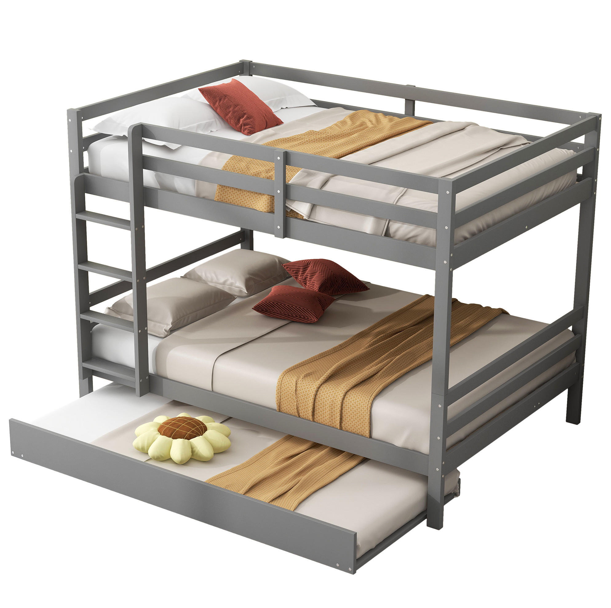 ETAGENBETT 140/200 cm mit Ausziehbett, hoher Absturzsicherung und Treppe aus Kiefern , Grau - Grau, Holzwerkstoff (140/200cm) - Redom