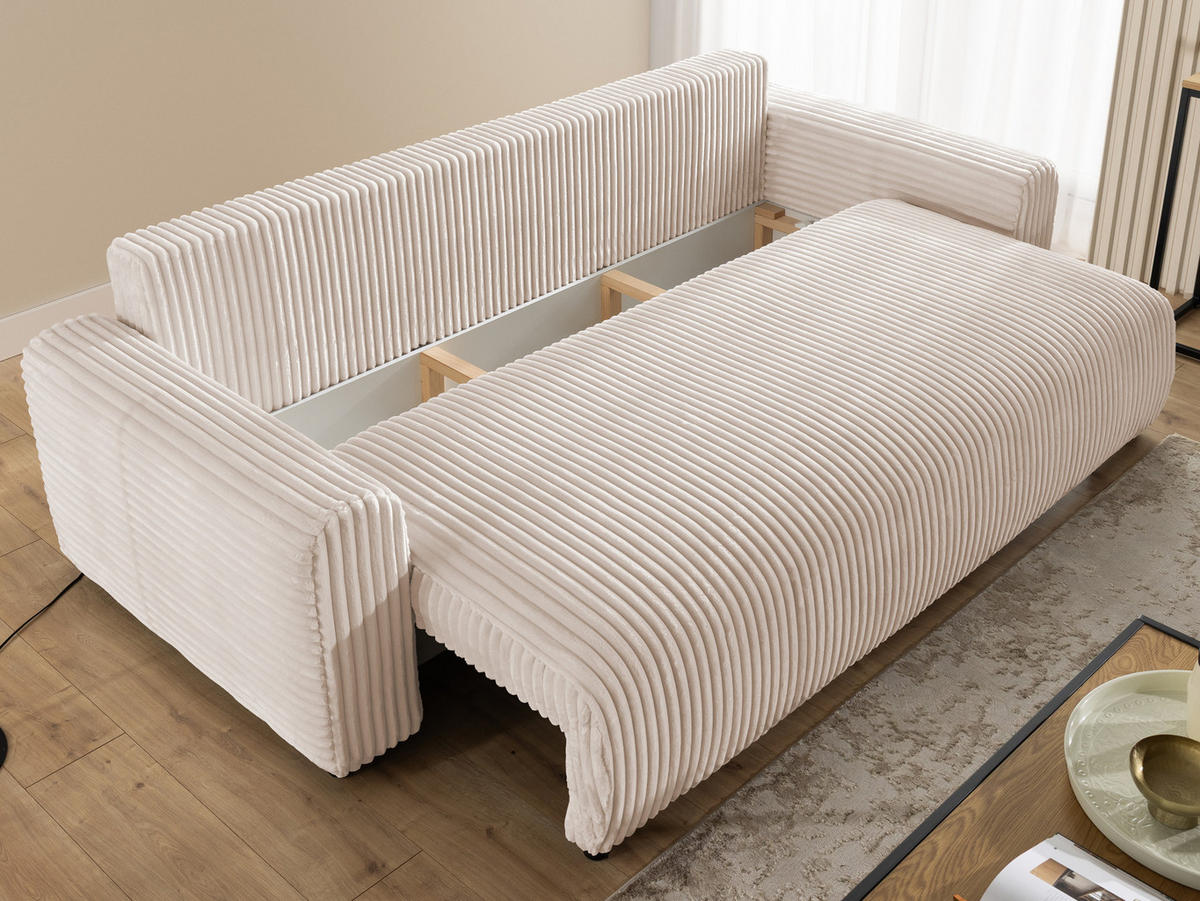 SCHLAFSOFA Calma mit Bettkasten im Bumpy-Design aus weichem Hellbeige Plüschcord - Beige/Schwarz, Holz/Kunststoff (239/88/98cm) - S-Style