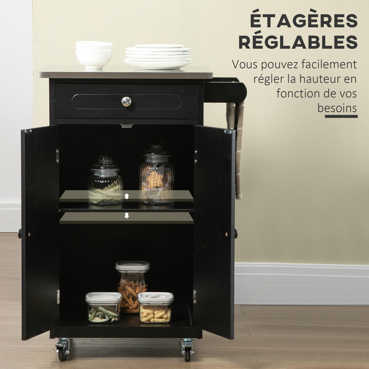 KÜCHENWAGEN, Wagen mit Schublade, 2-türigem Schrank und Handtuchhalter, schwarzes MDF, Edelstahl - Multicolor, Metall (60/85/45cm) - FORIOUS