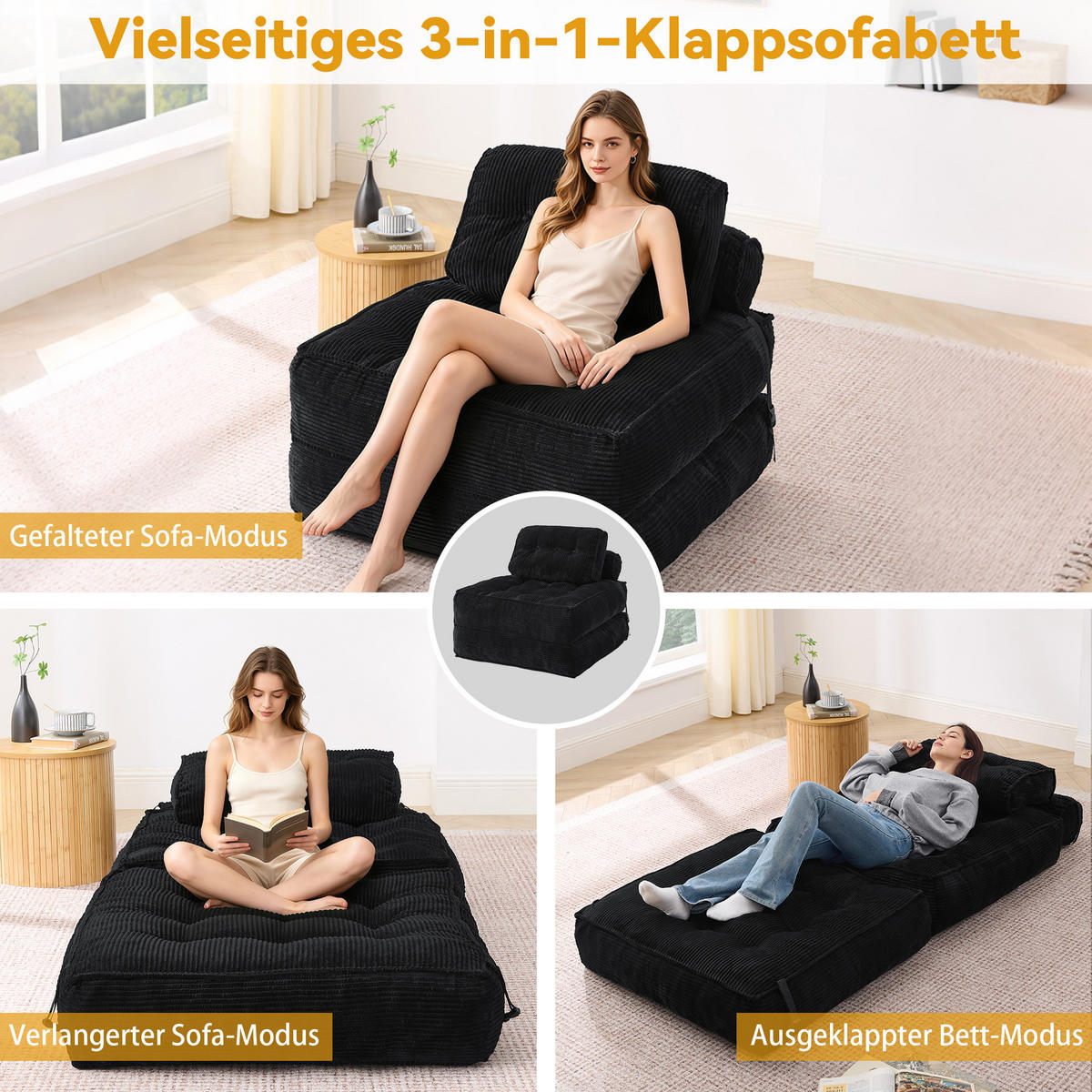 KLAPPSOFA 2-in-1，mit verstellbarer Rückenlehne, Schwarz - Schwarz, Textil (85/74.8/85cm) - Vallsero