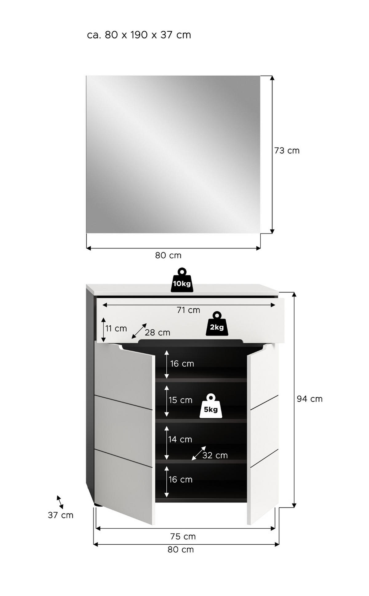 GARDEROBEN-SET 2-teilig weiß, grau, Schuhkommode und Spiegel mit Soft-Close, Cooper - Schwarz/Weiß, Glas/Holzwerkstoff (80/190/37cm) - Inn.Furn