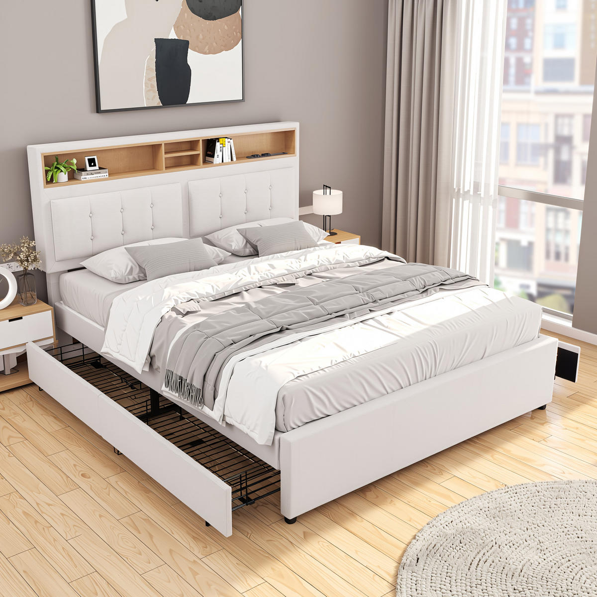 ČALOUNĚNÁ POSTEL vzhled lnu béžový 140x200 se 4 zásuvkami a integrovanou nabíjecí stanicí - barva dubu/béžová, textil (140/200cm) - Urban Meuble