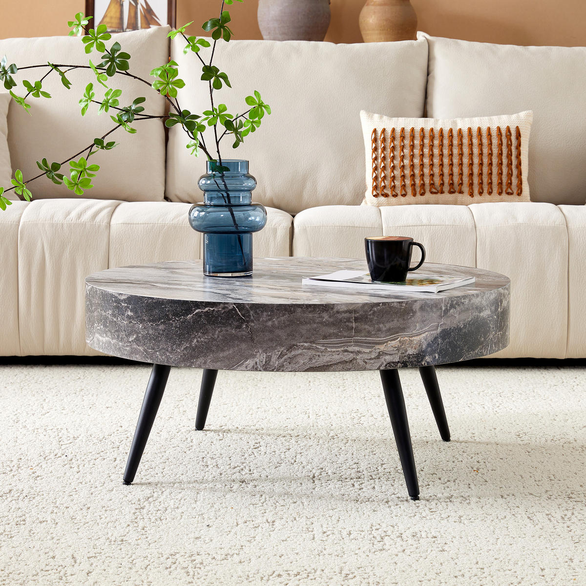 COUCHTISCH 70/70/35,5 cm grau Schwarz aus Holzwerkstoff und Metall mit verstellbaren Füßen - Schwarz, Holzwerkstoff (70/70/35.5cm) - OKWISH